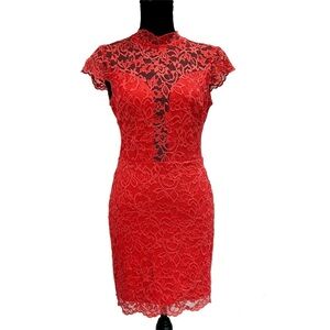 Bebe coral pink lace short sleeve mock neck bodycon dress Sz S